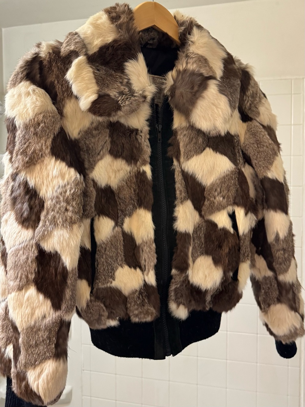 Gorgeous Vintage Women's Rabbit Fur Patchwork Bomber Jacket - Brown & Cream